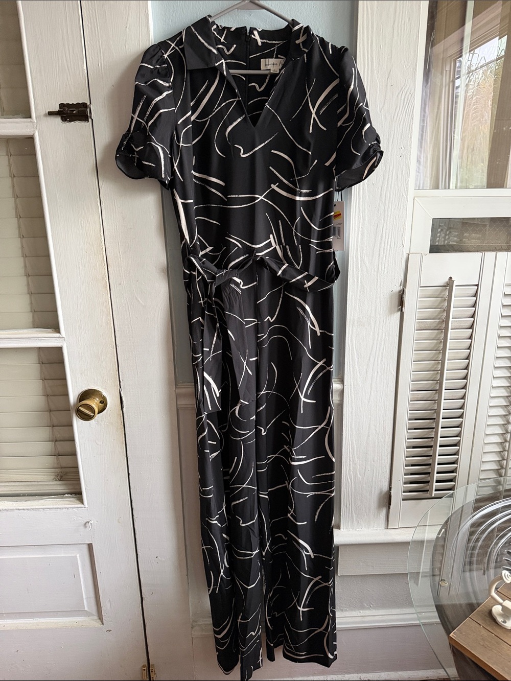Black Abstract-Print V-Neck Jumpsuit with Self-Tie Waist